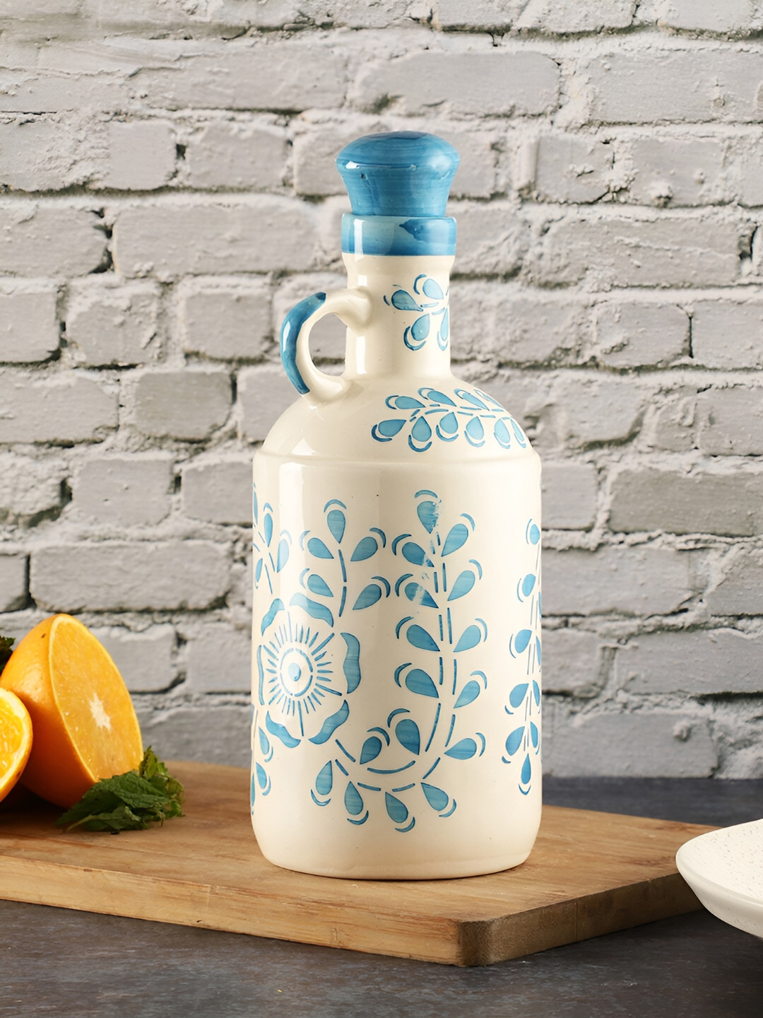 The Decor Lane White Ceramic Floral Printed Oil Dispenser 1L