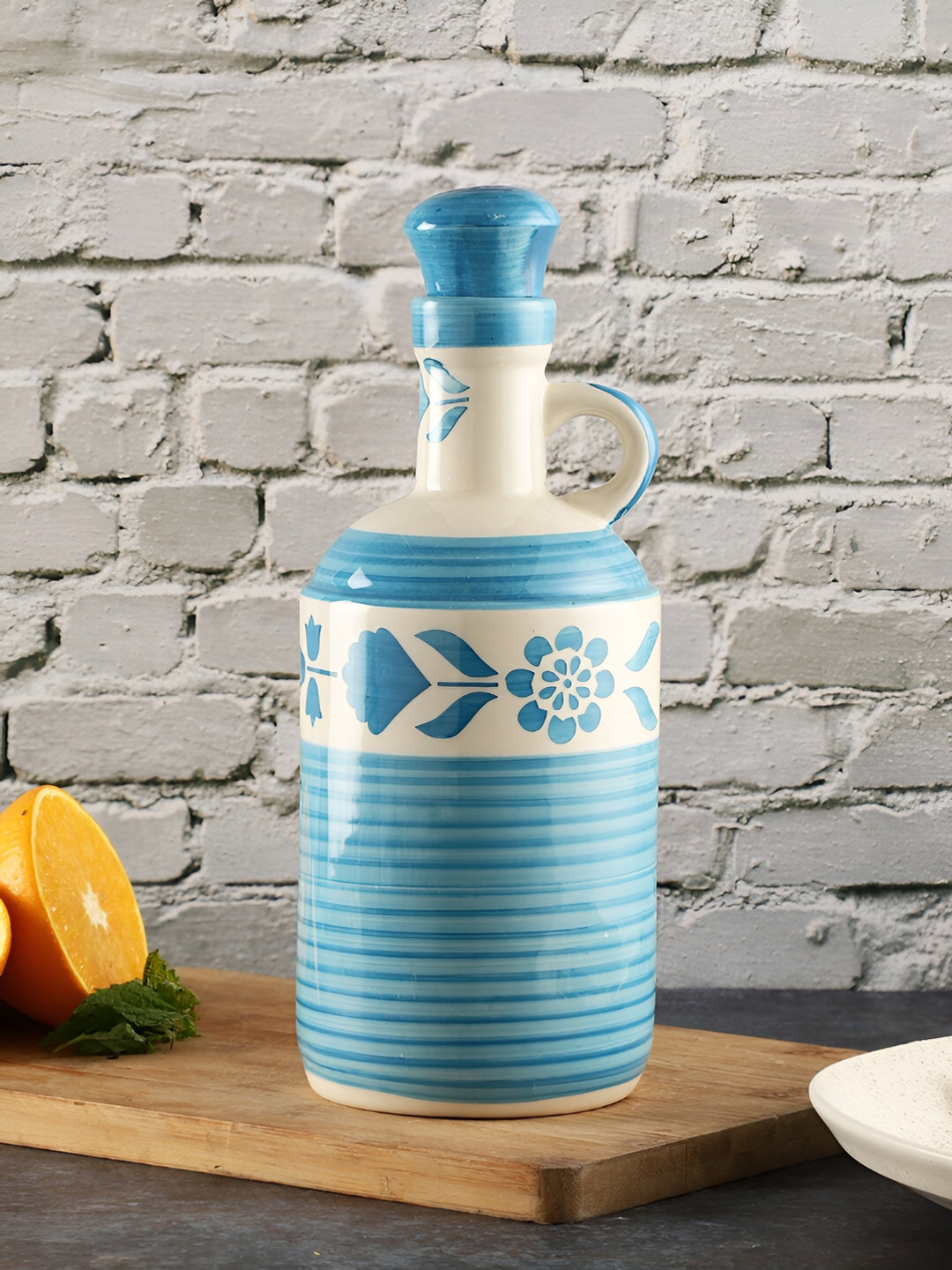 The Decor Lane White & Blue Ceramic Oil Dispenser 1L
