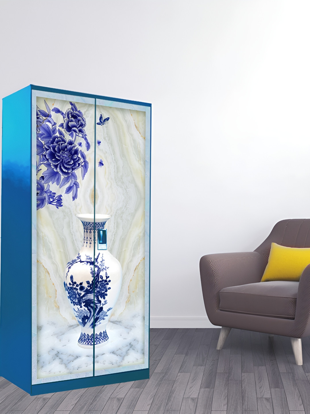 WALLWEAR Blue & White Floral Printed Self-Adhesive Wardrobe Wallpaper