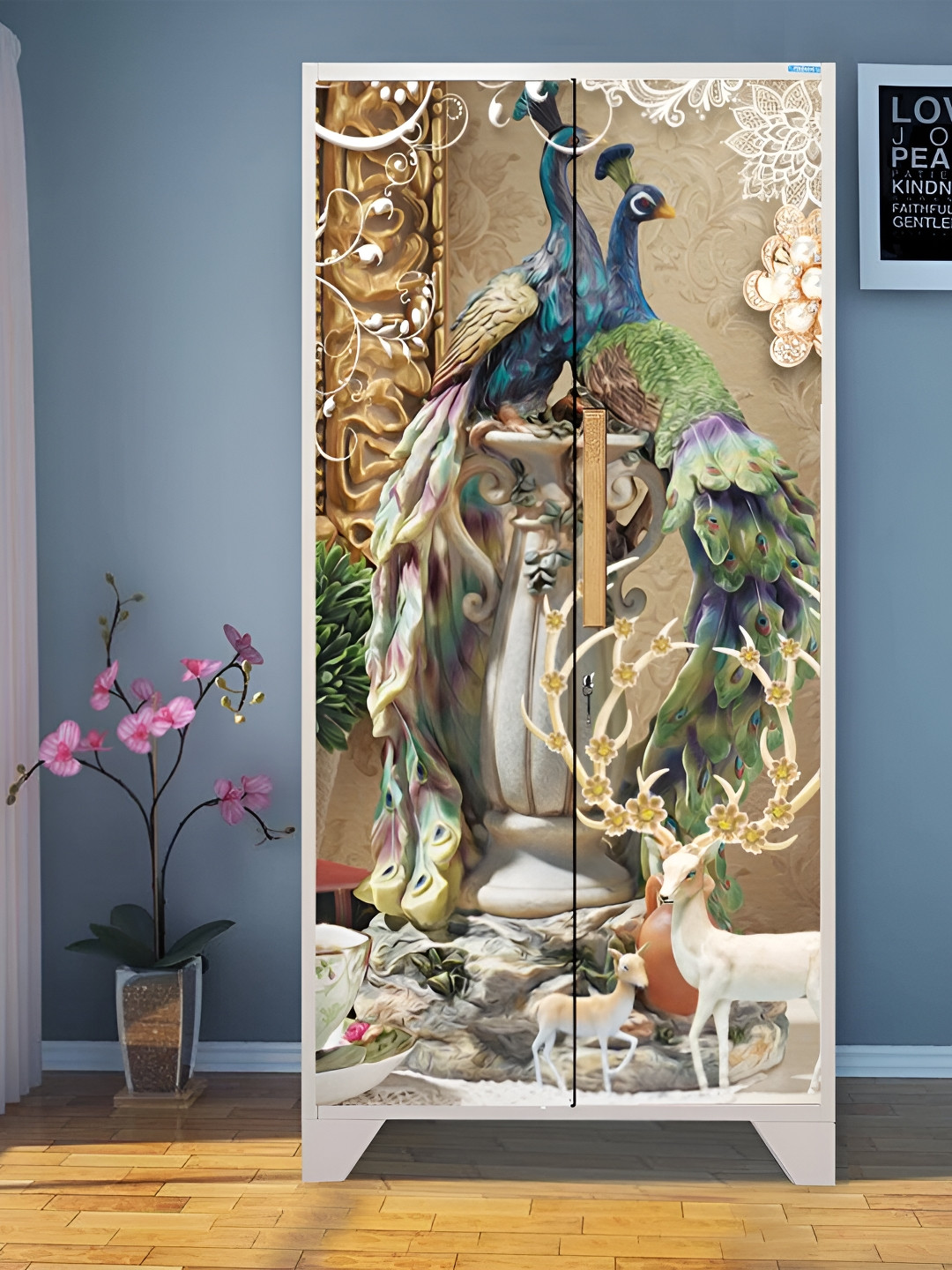 WALLWEAR Beige & Blue Peacock Printed Self Adhesive Wardrobe Wallpaper