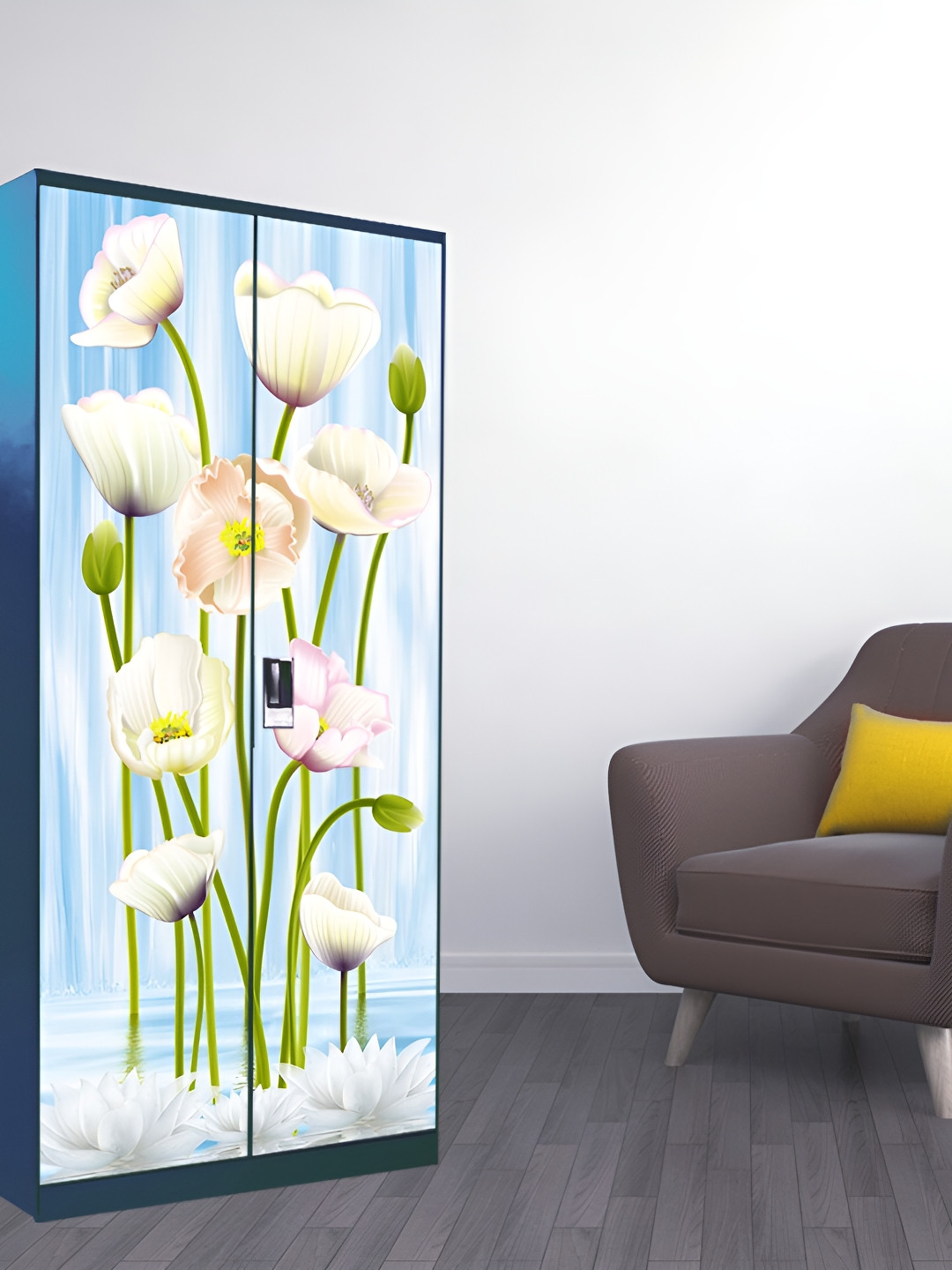 WALLWEAR Blue & Cream Colored Floral Printed Self Adhesive Wardrobe Wallpaper
