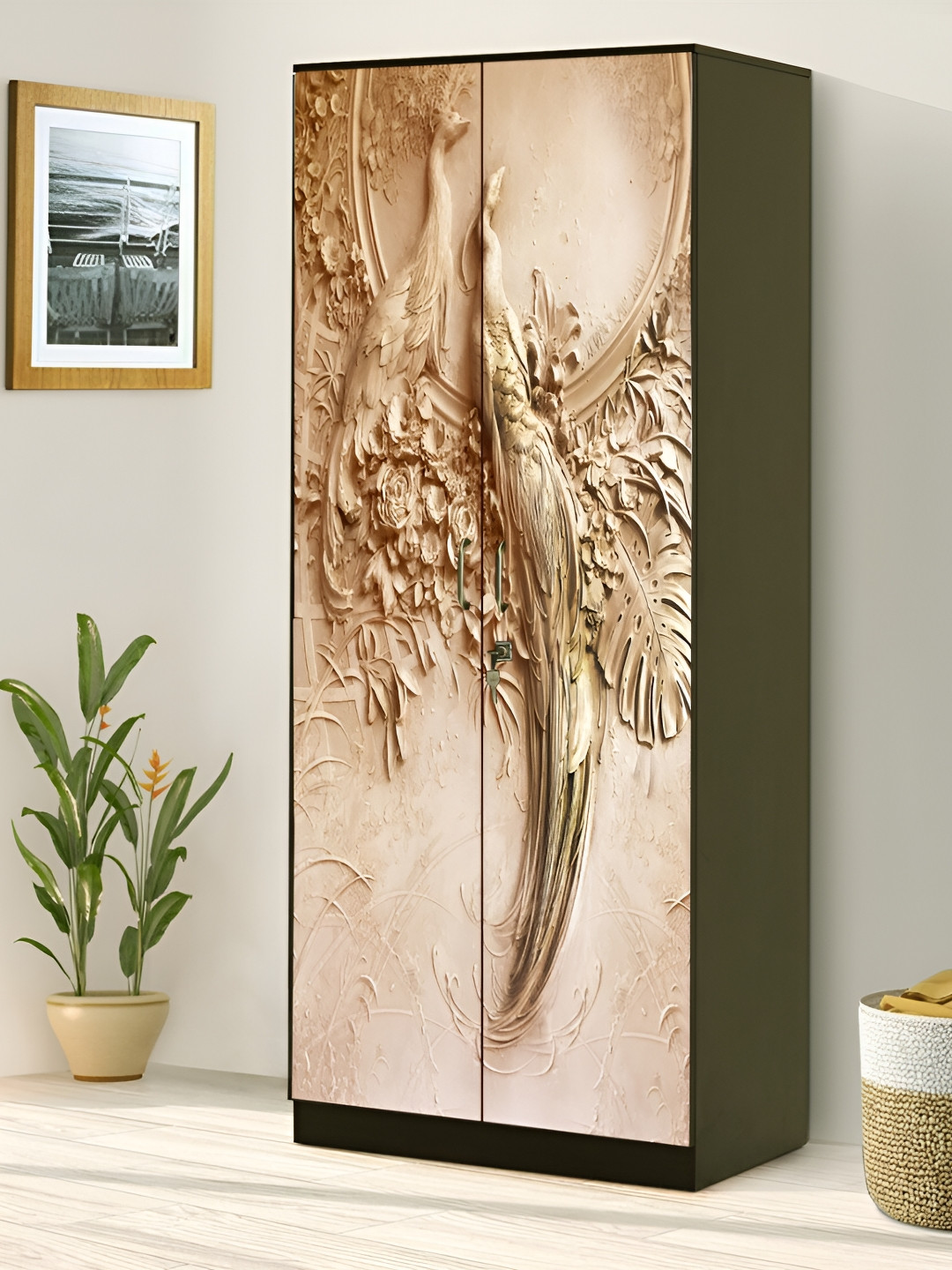 WALLWEAR Brown Peahen-Printed Self-Adhesive Wardrobe Wallpaper