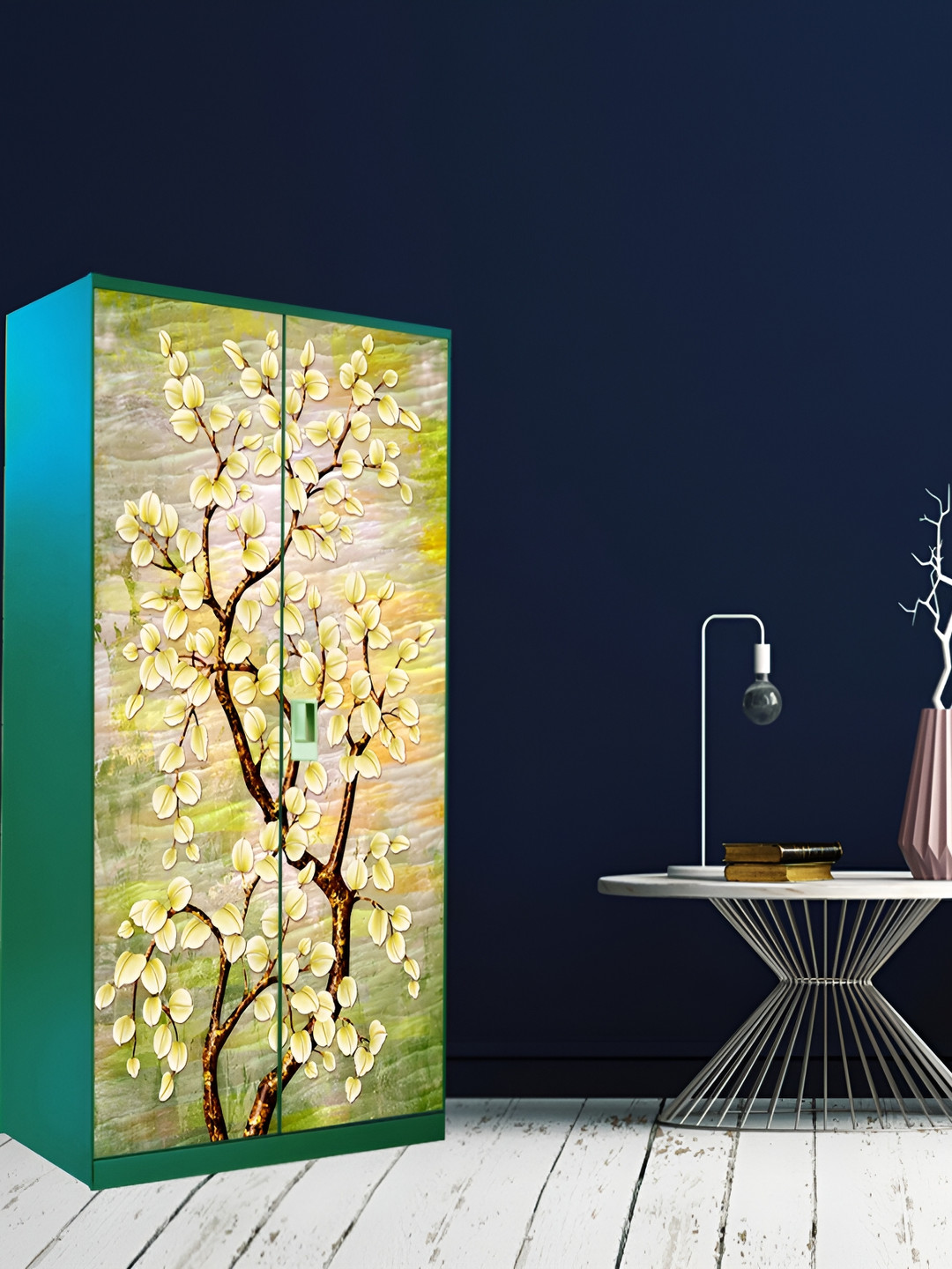 WALLWEAR Beige & Yellow Leaf TreePrinted Self-Adhesive Wardrobe Wallpaper