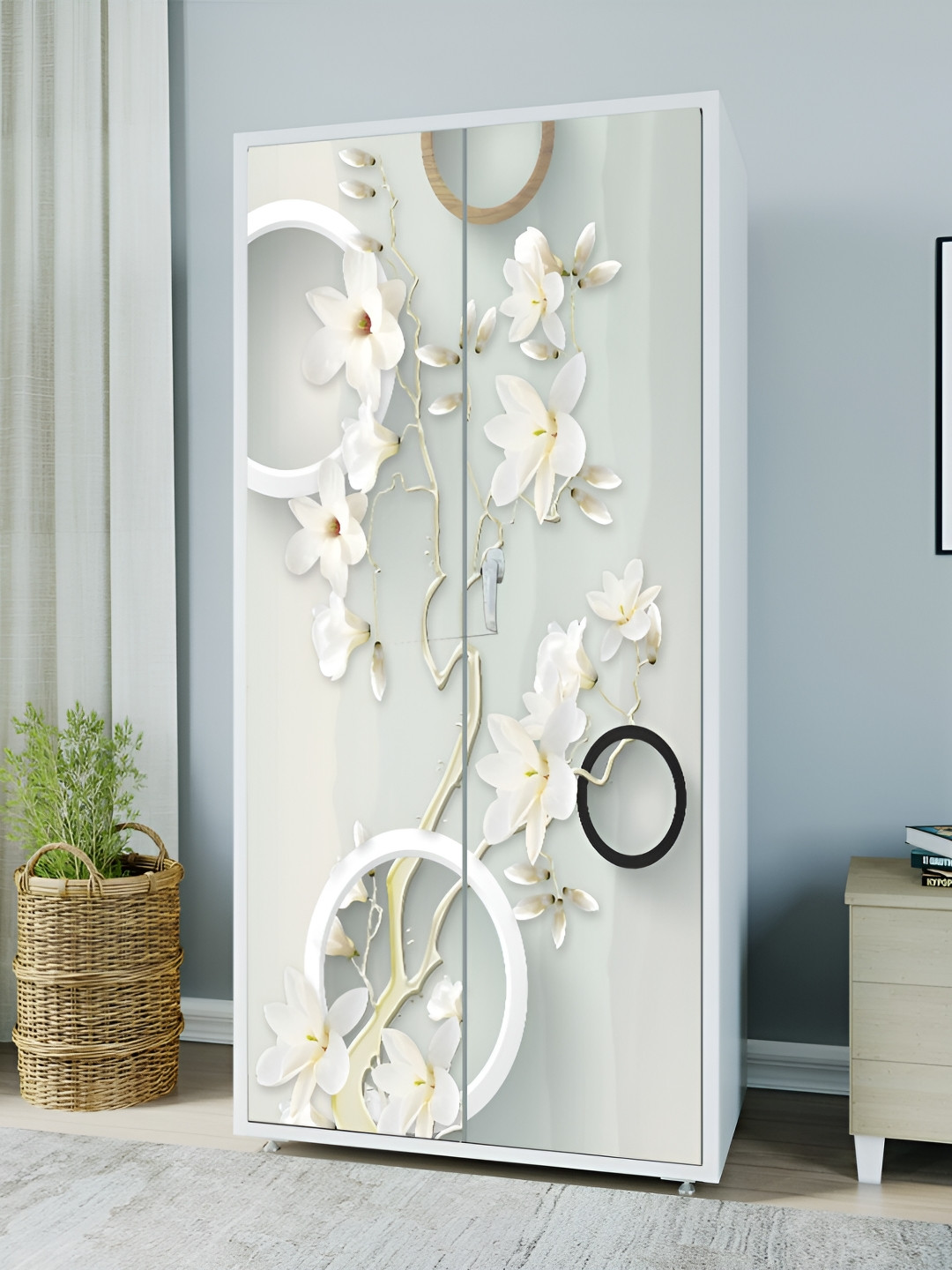 WALLWEAR White & Beige Floral-printed Self-Adhesive Wardrobe Sticker