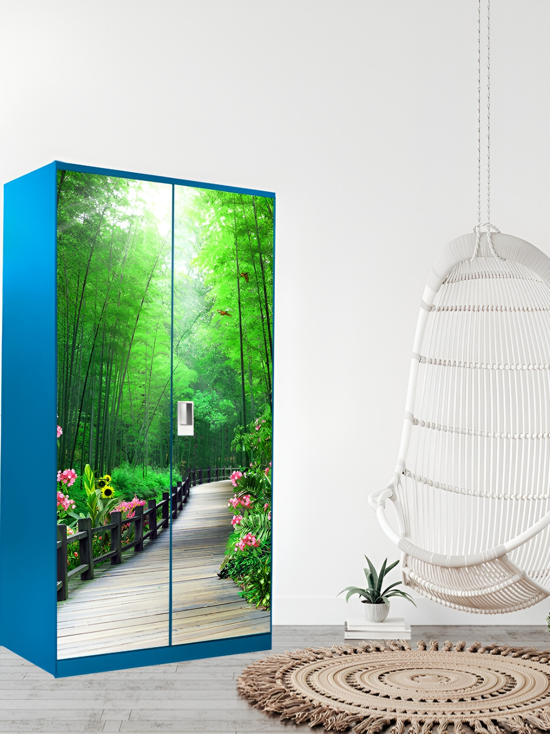 WALLWEAR Green & Beige Garden Street-Printed Self-Adhesive Wardrobe Wallpaper