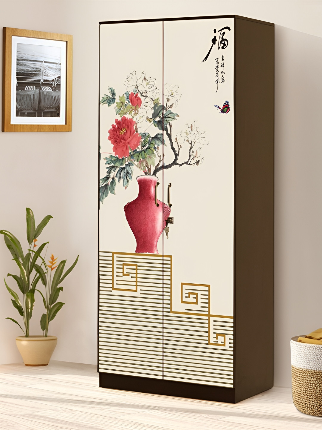 WALLWEAR Beige & Red Floral Pot-Printed Self-Adhesive Wardrobe Decals and Stickers