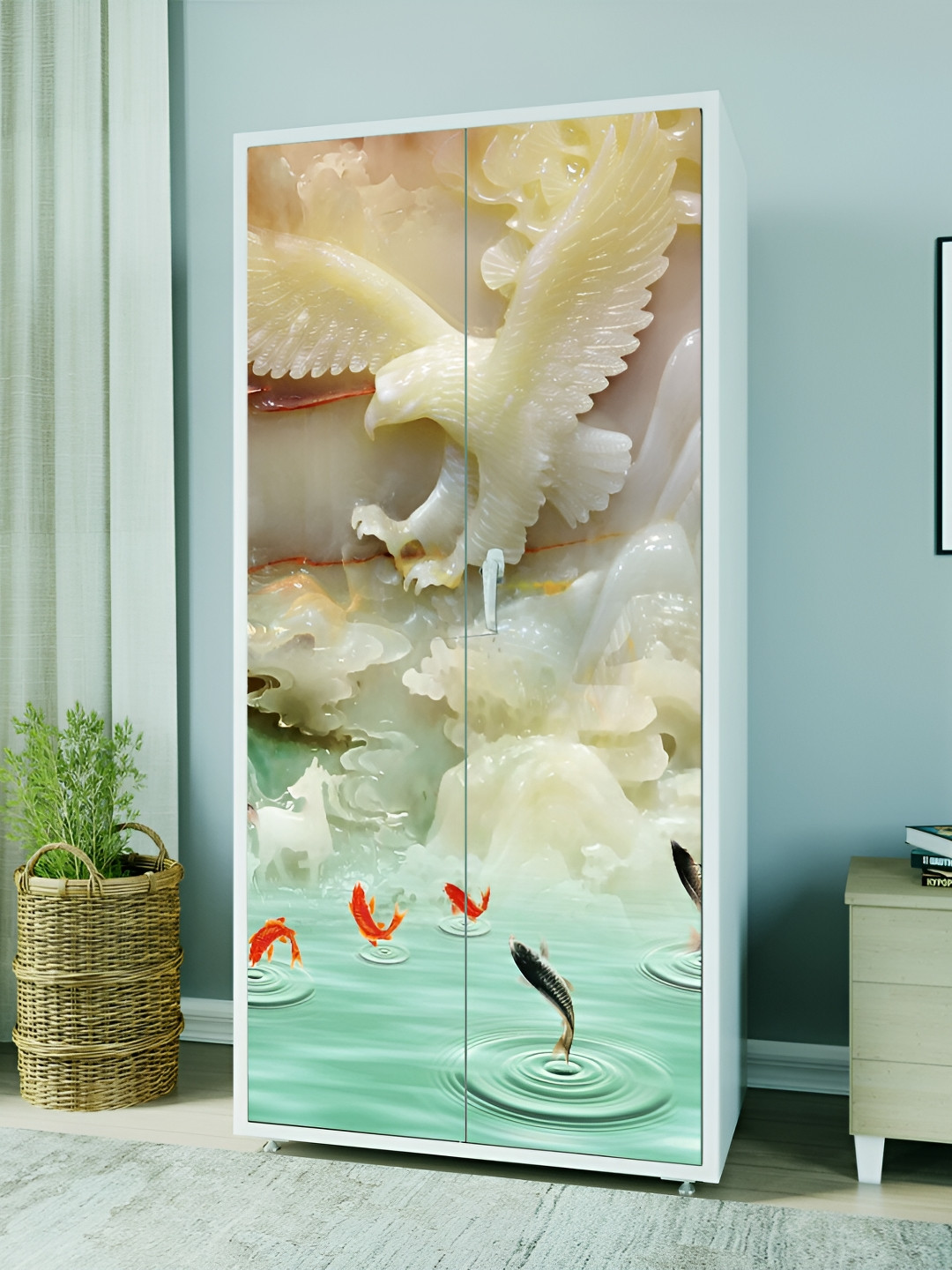 WALLWEAR Beige & Sea Green Frozen Eagle-Printed Self-Adhesive Wardrobe Wallpaper