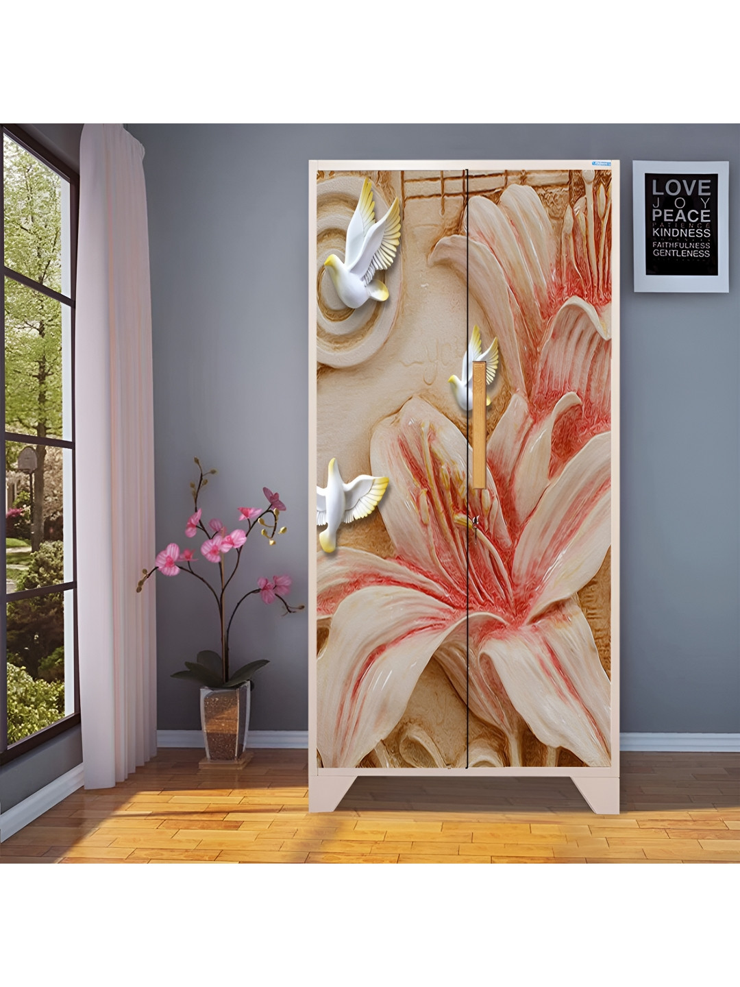 WALLWEAR Beige & Pink Kabutar Lily-Printed Self-Adhesive Wardrobe Wallpaper