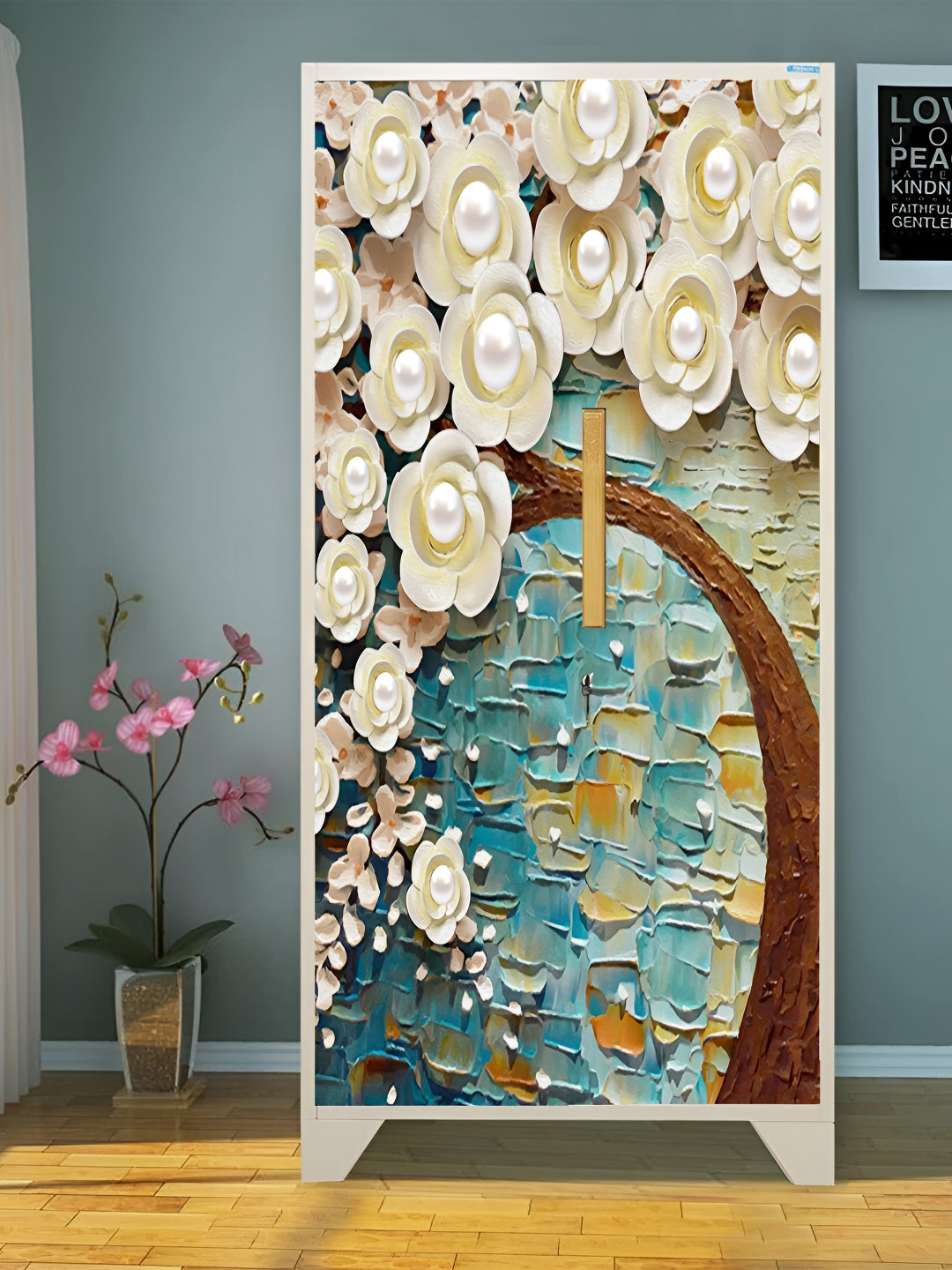 WALLWEAR Beige & Green Gem Tree Printed Self-Adhesive Wardrobe Wallpaper