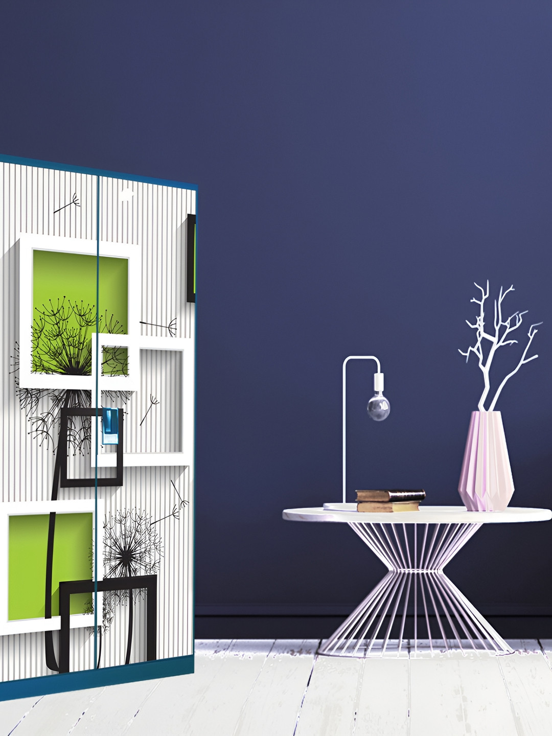 WALLWEAR Green & Black Geometric Floral Printed Self-Adhesive Wardrobe Wallpaper