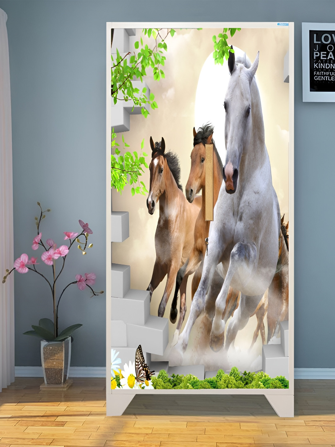 WALLWEAR Beige & Brown Racing Horse-printed Self-Adhesive Wardrobe Sticker