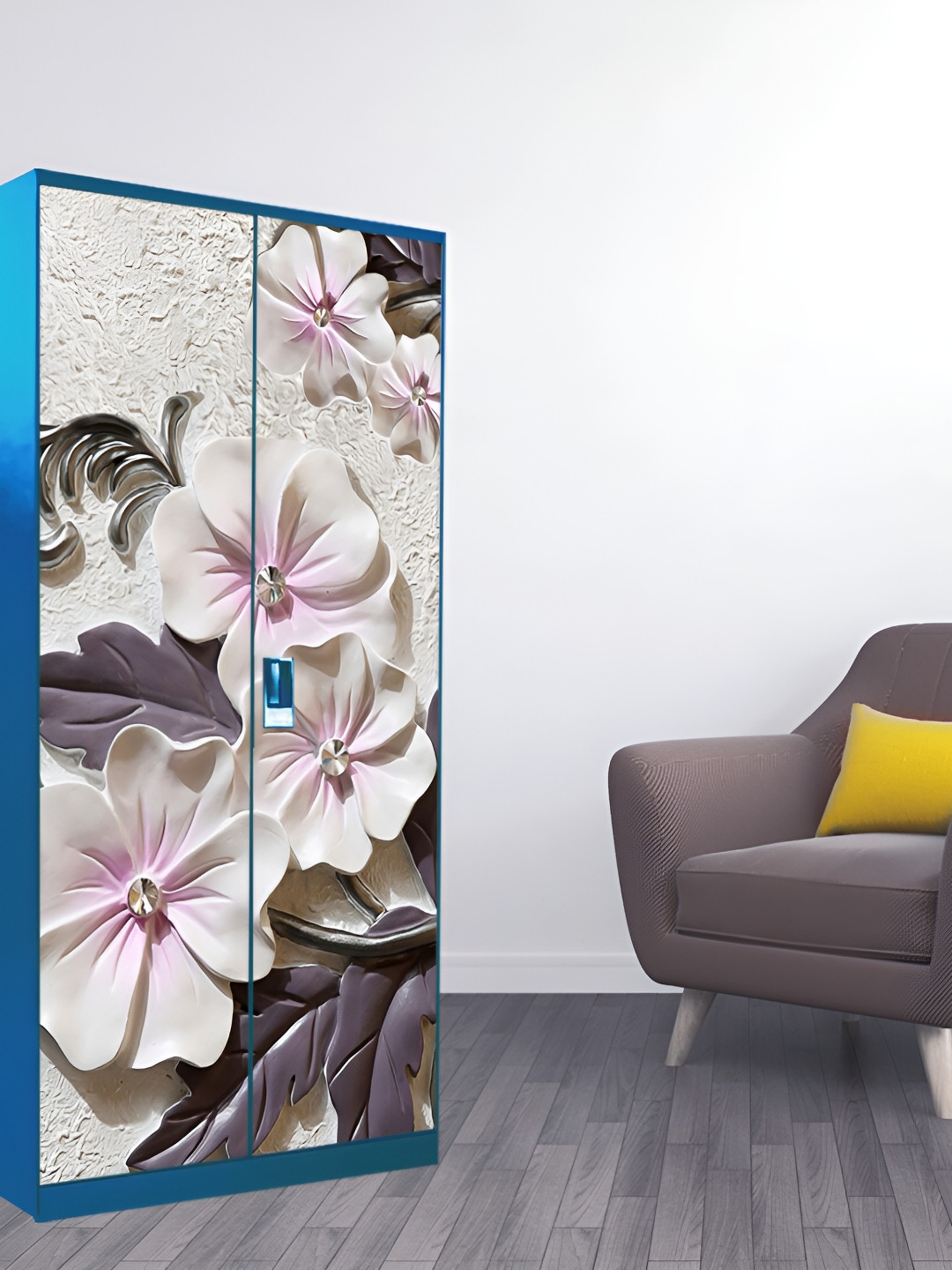 WALLWEAR Beige & Grey Floral-printed Self-Adhesive Wardrobe Sticker