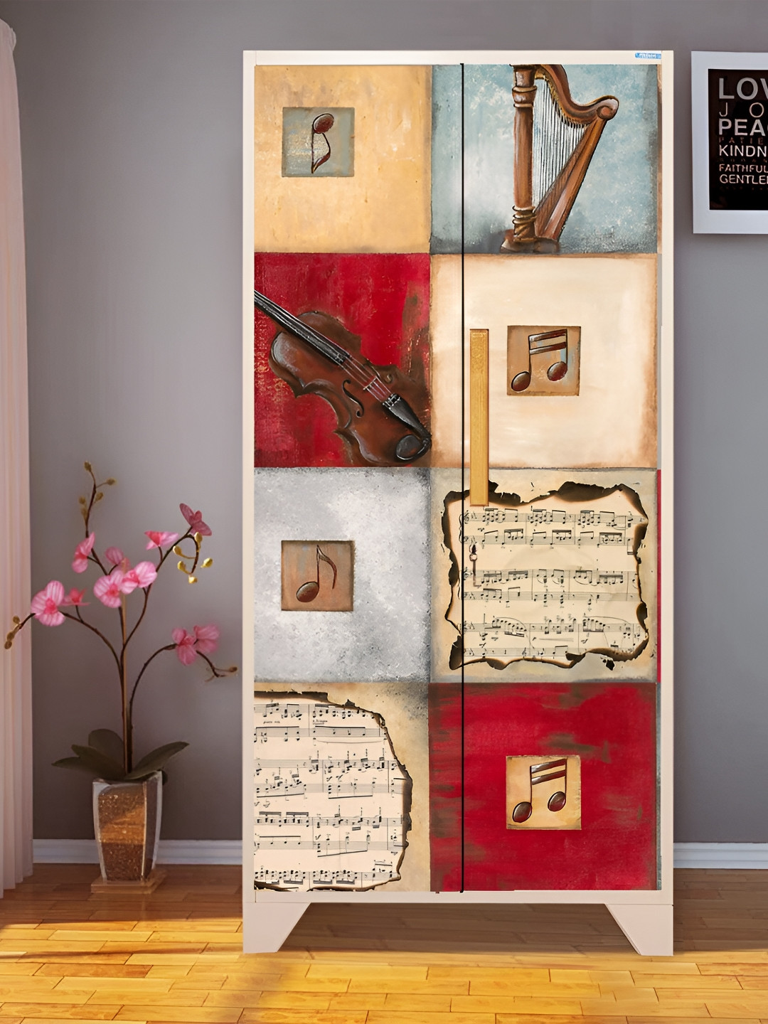 WALLWEAR Beige & Red Musical Printed Self-Adhesive Wardrobe Wallpaper