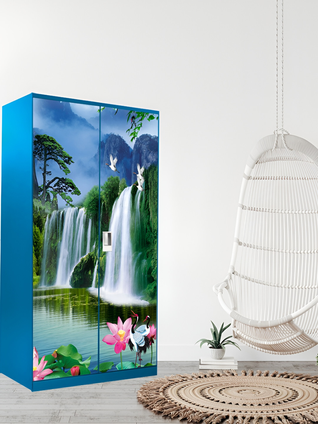 WALLWEAR Blue & Green Mountain Waterfall Printed Self Adhesive Wardrobe Wallpaper