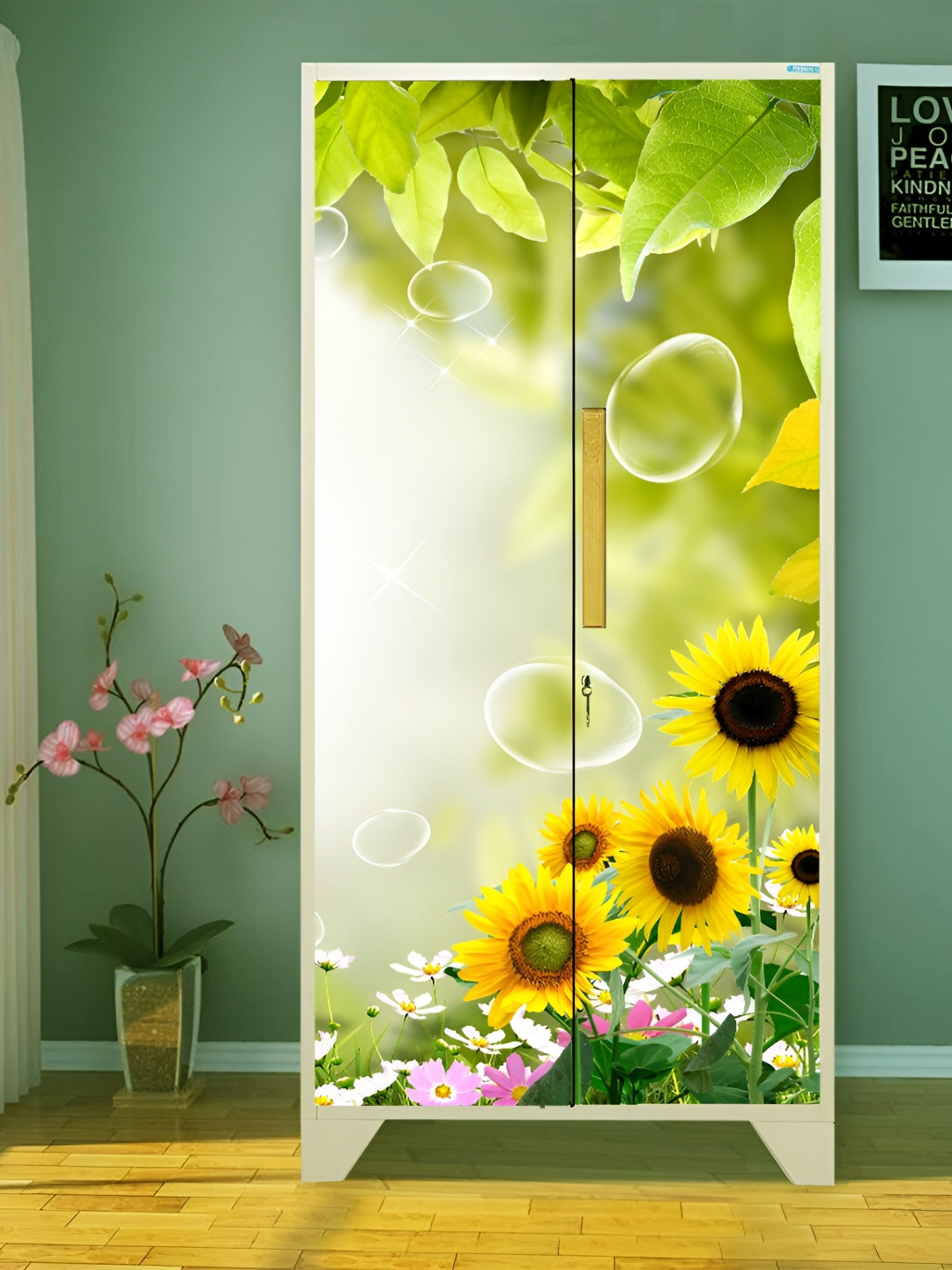 WALLWEAR Green & Yellow Sunflower Printed Self Adhesive Wardrobe Wallpaper