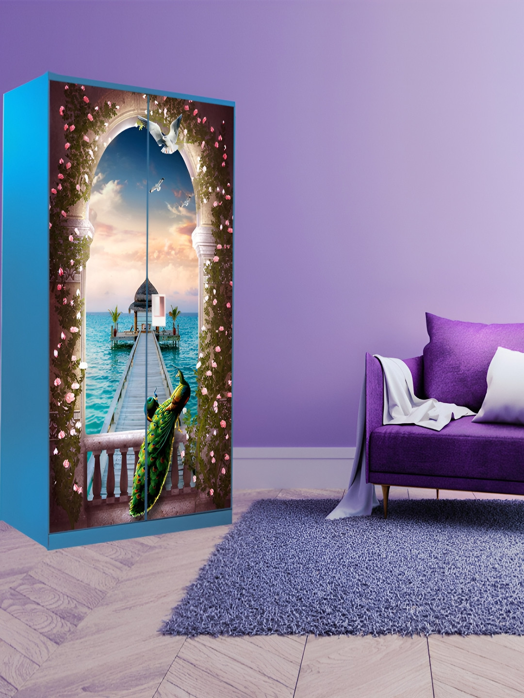 WALLWEAR Brown & Blue Palace Window View-printed Self-Adhesive Wardrobe Wallpaper