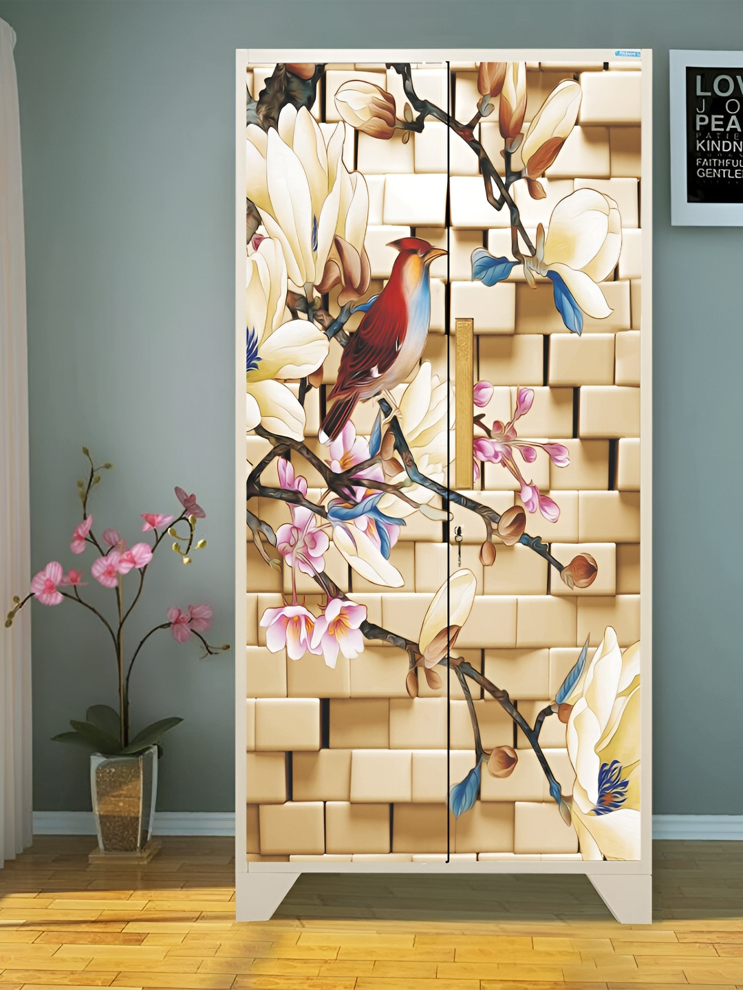 WALLWEAR Beige & Brown Bud Sparrow Printed Self Adhesive Wardrobe Wallpaper