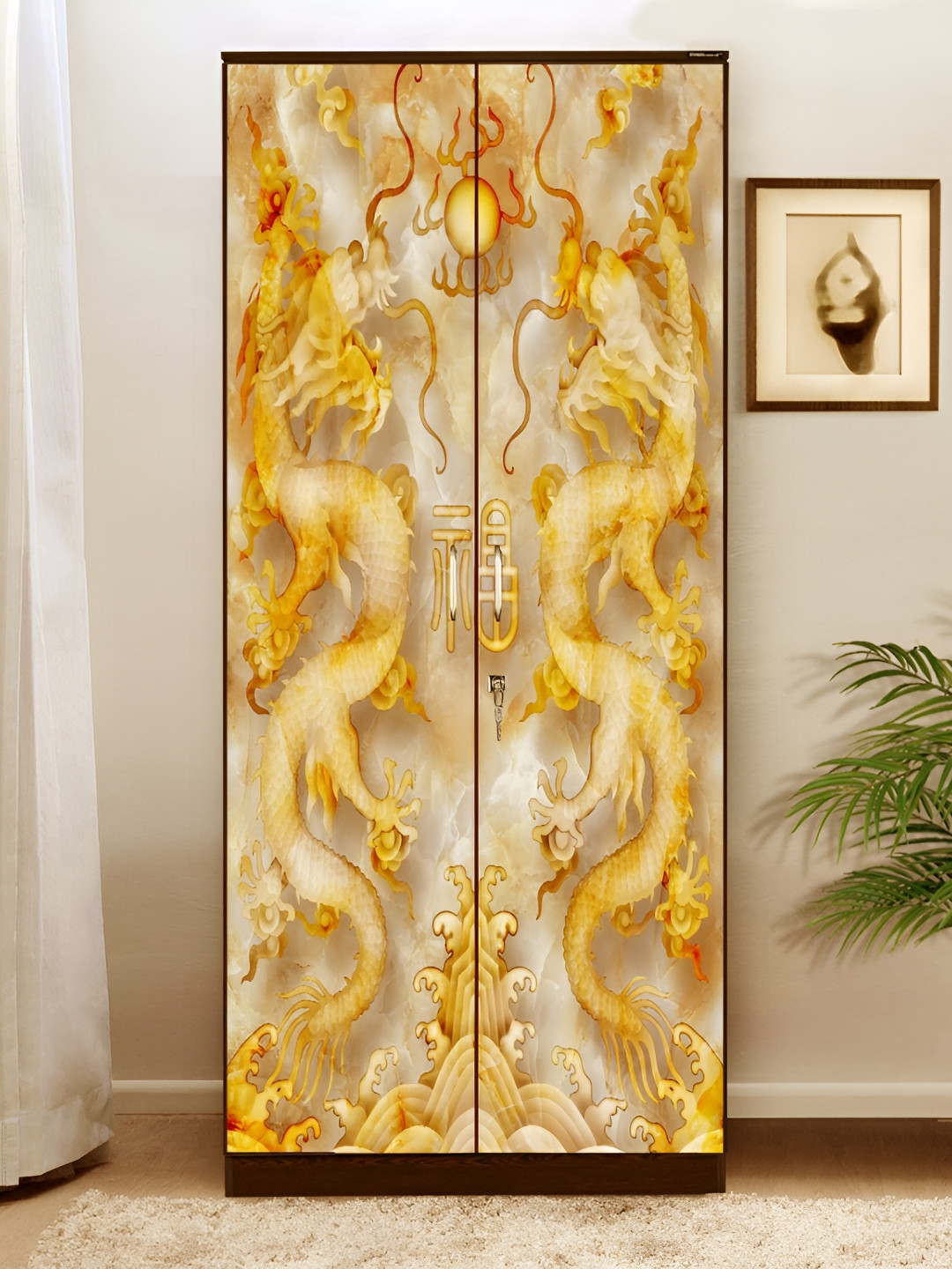 WALLWEAR Beige & yellow Fire Dragon printed Self Adhesive Wardrobe Wallpaper