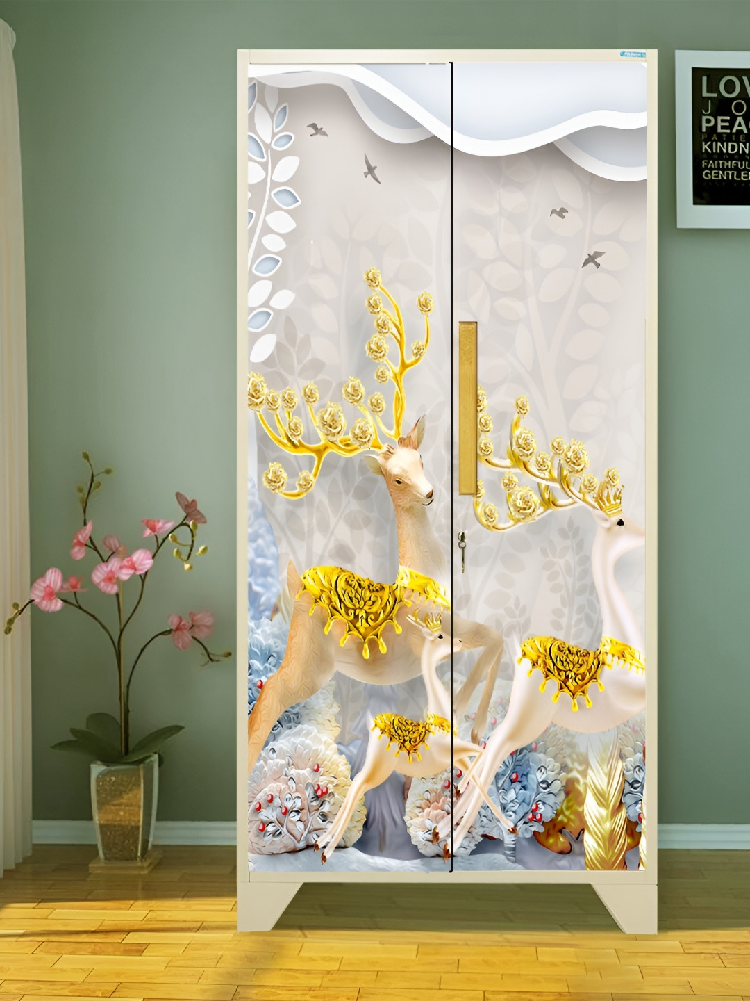 WALLWEAR Beige & Blue Deer printed Self Adhesive Wardrobe Wallpaper