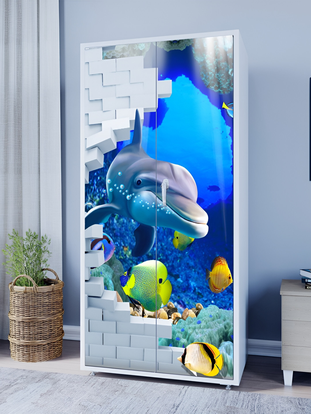 WALLWEAR Grey & Blue Dolphin Printed Self Adhesive Wardrobe Wallpaper