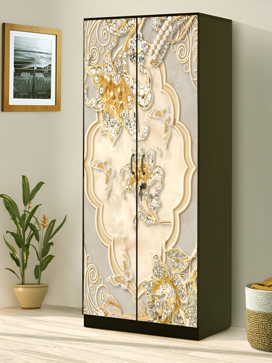 WALLWEAR Beige Diamond Flower Printed Self Adhesive Wardrobe Sticker