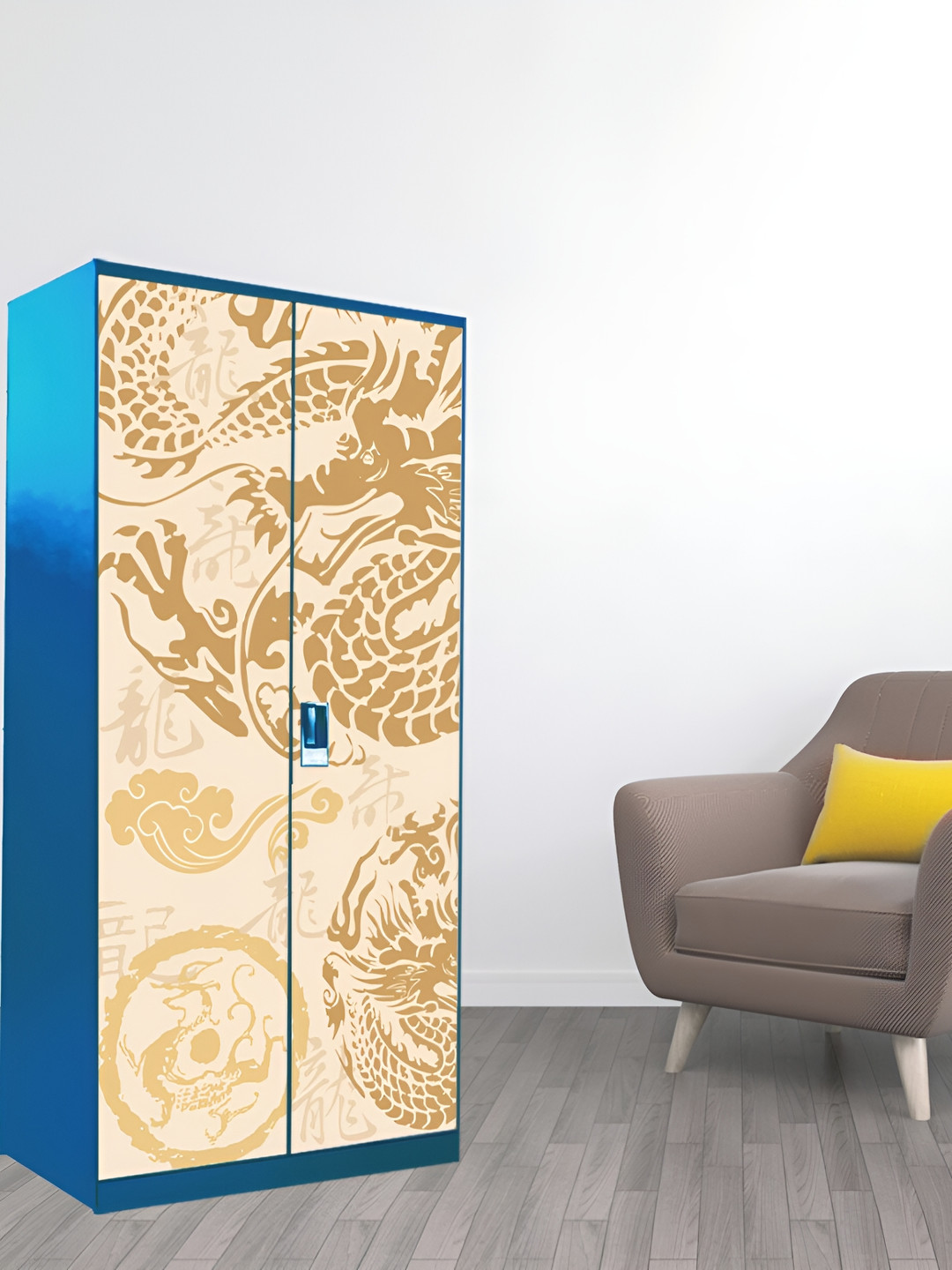 WALLWEAR Beige & Brown Dragon Printed Self Adhesive Wardrobe Sticker