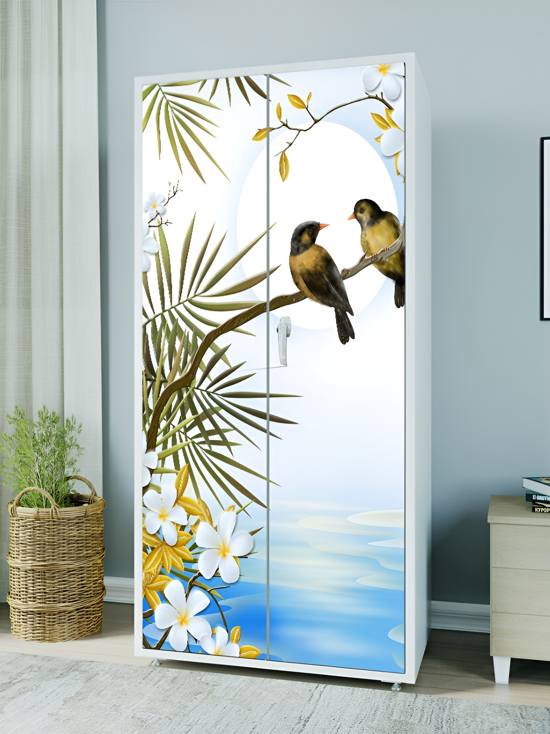 WALLWEAR White & Brown Love Bird-printed Self-Adhesive Wardrobe Wallpaper