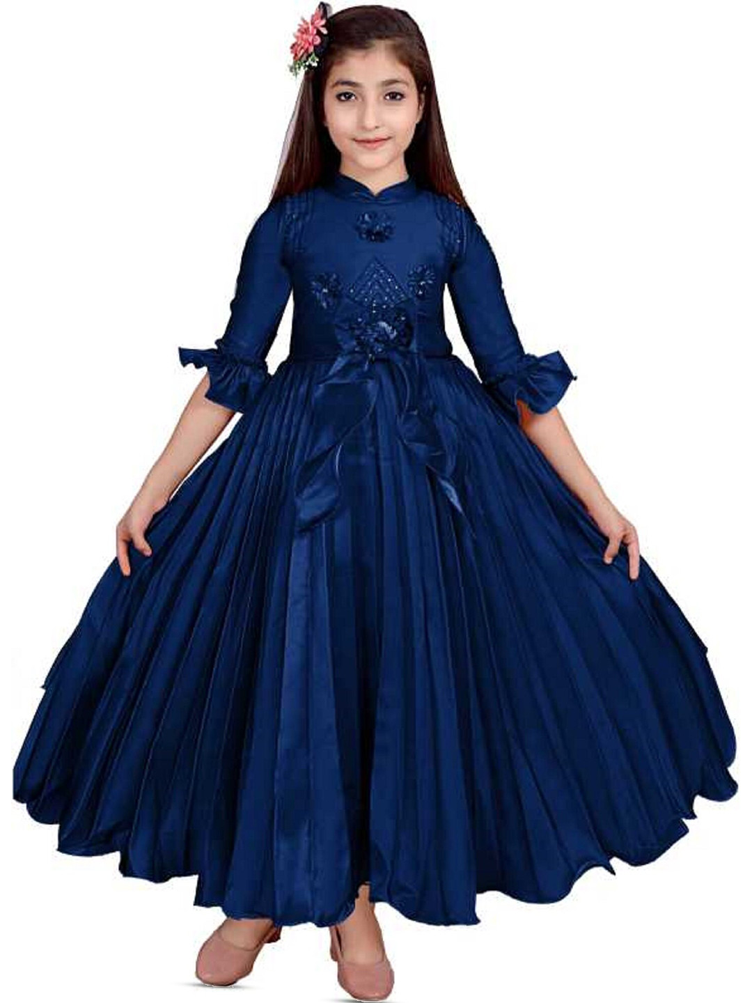 BAESD Self Design Round Neck Applique Silk Fit & Flare Maxi Dress