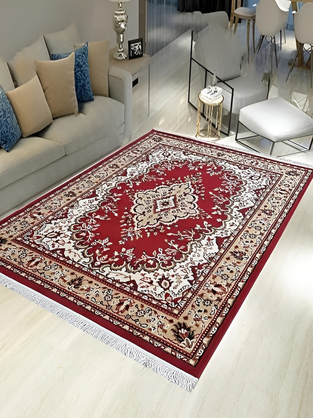 Asad Emporium Rugs Red & White Traditional Anti-Skid Carpet
