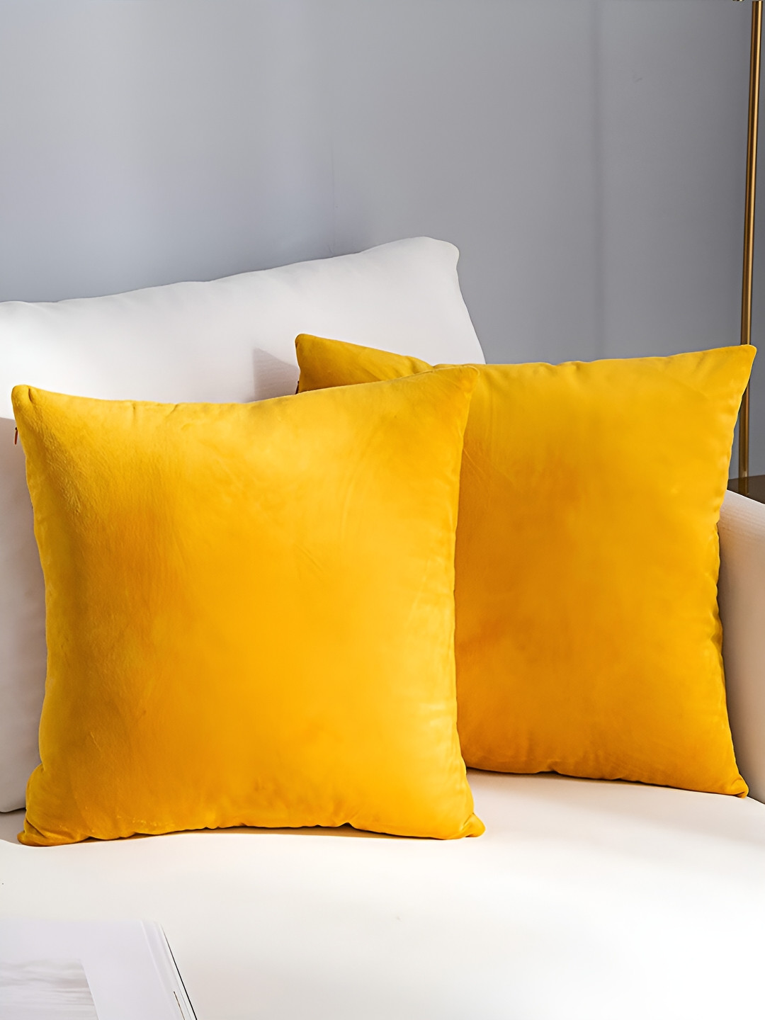 AEROHAVEN Reversible Yellow Velvet Washable 2 Pcs Square Cushion Covers - 18 x 18 In