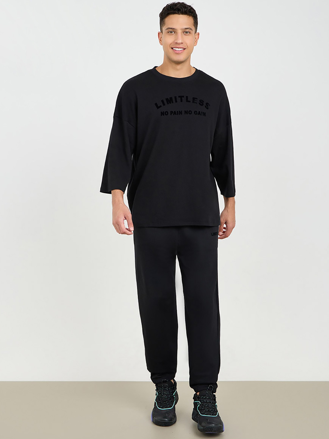 Styli Men Eco Earth Chest Printed Three-Quarter Sleeves T-shirt & Joggers Set