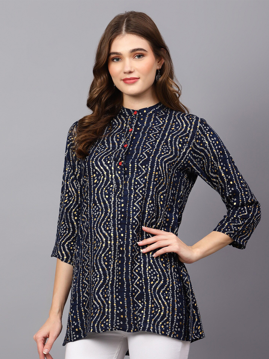 Indietoga Women Bandhani Print Mandarin Collar Ethnic Rayon Longline Top with Pockets