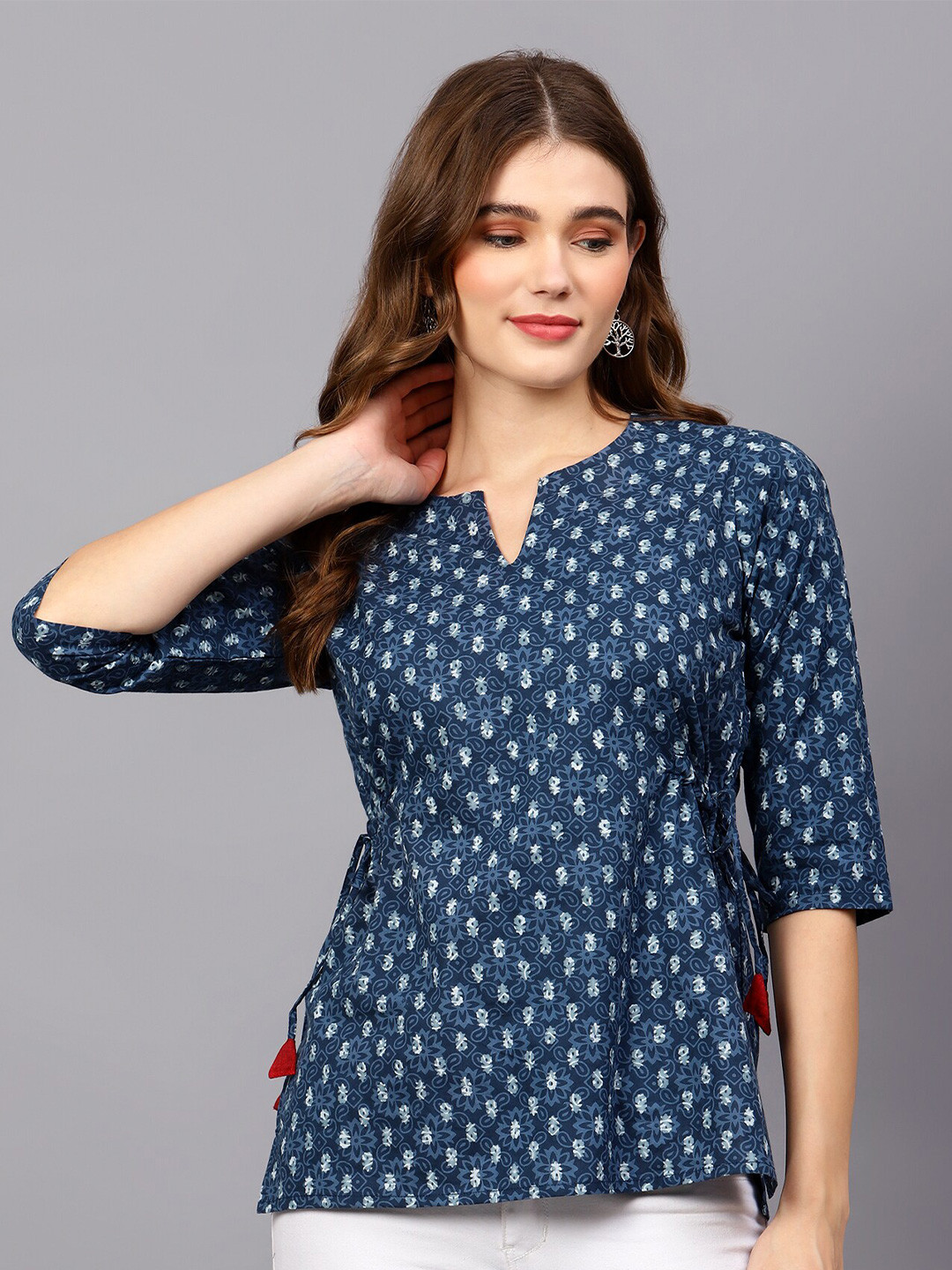 Indietoga Ethnic Motifs Block Printed Waist Tie Ups Pure Cotton Top