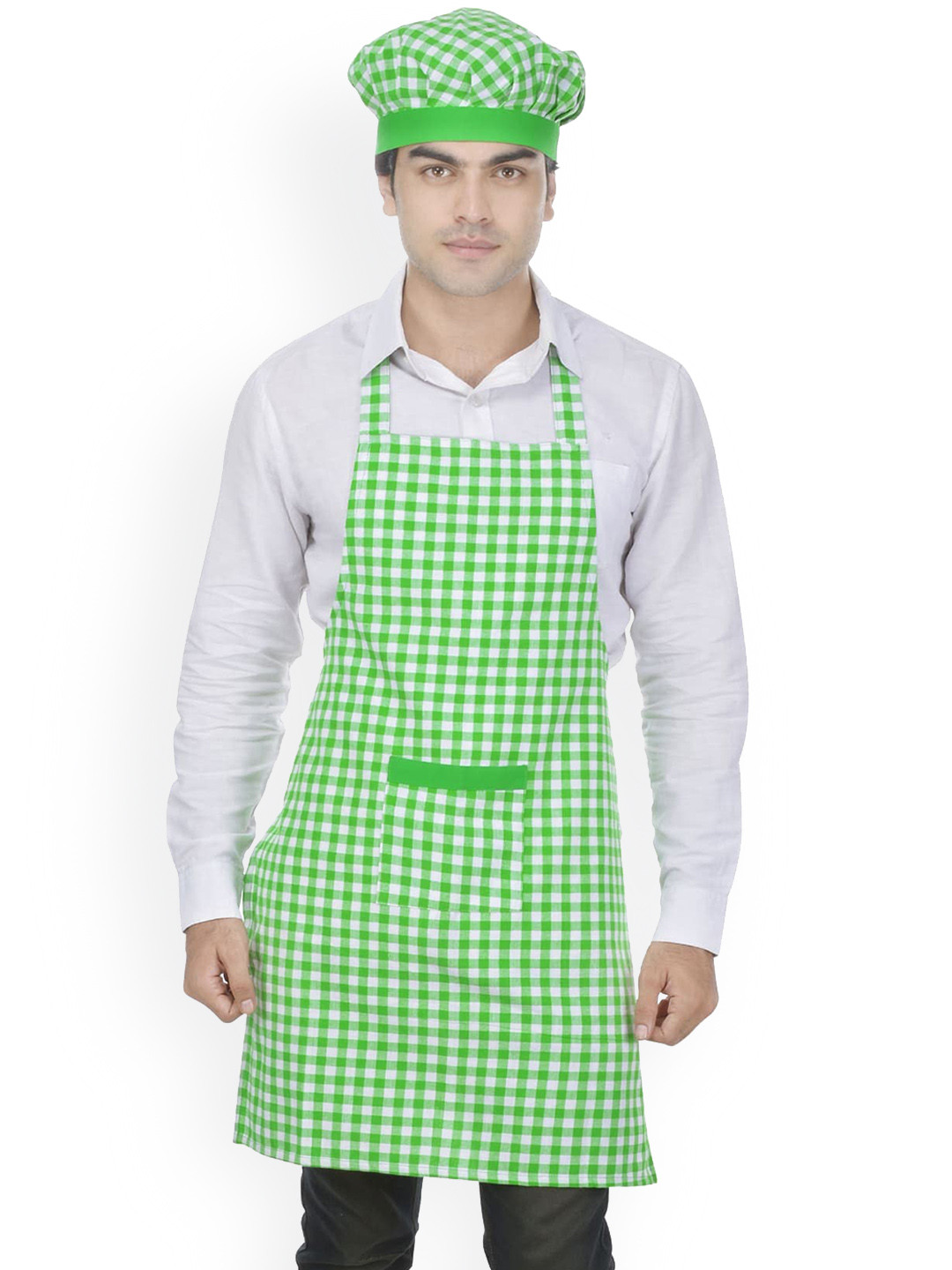 SWITCHON Green & White Checked Cotton Apron With Cap