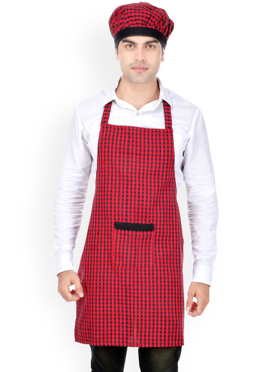 SWITCHON Maroon & Black Checked Cotton Apron With Cap
