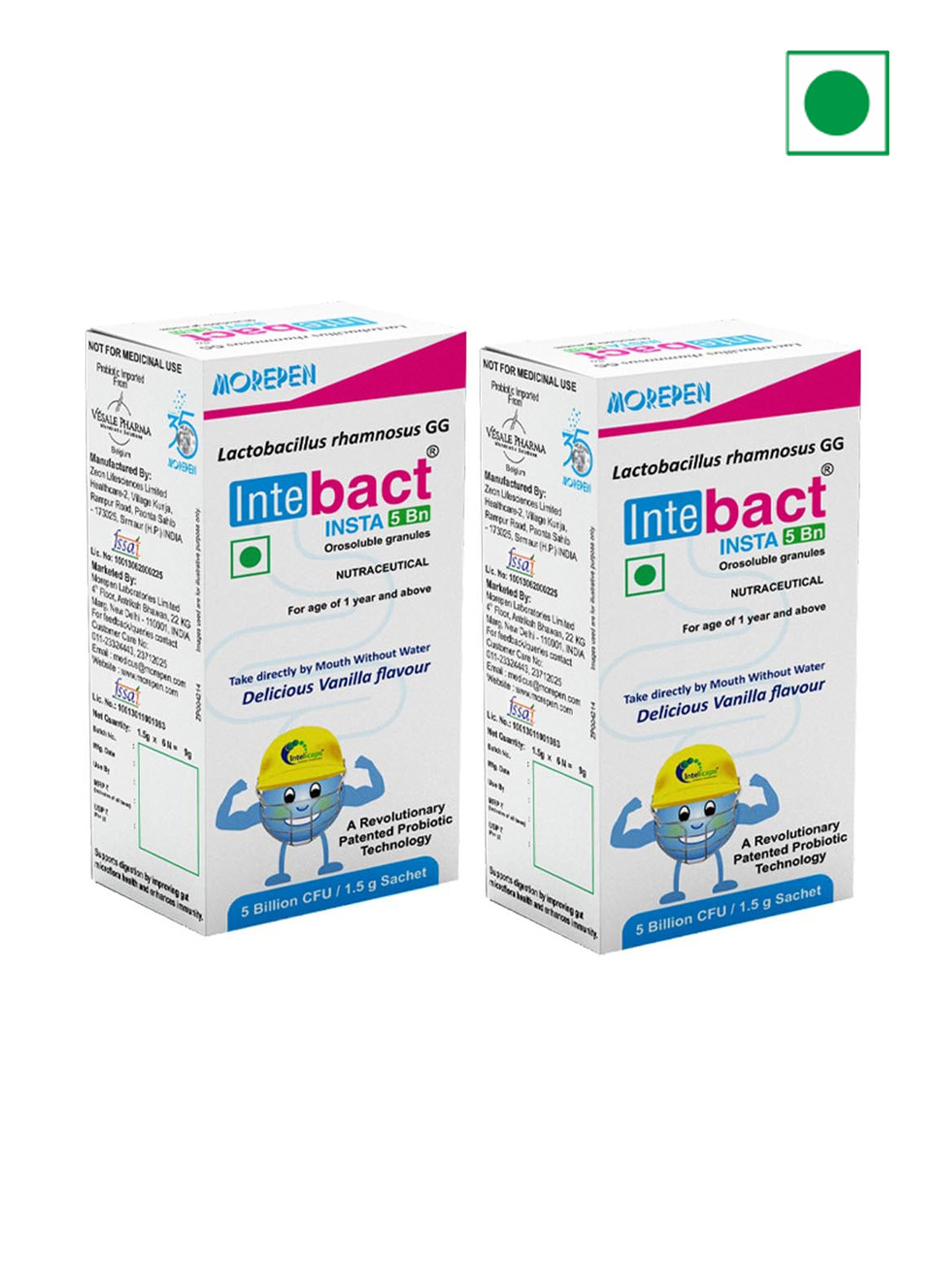 Dr. Morepen 2-Pcs Intebact Insta 5BN CFU - 6 Sachets - Vanilla Flavor
