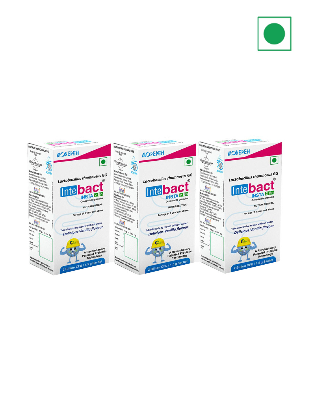 Dr. Morepen Set Of 3 Intebact Insta 5BN CFU - Vanilla - 6 Sachets 1.5g Each