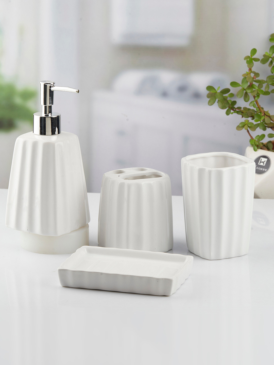 Kookee White and SilverToned 4 Pieces Abstract Ceramic Bath Accessories Set 450 ml