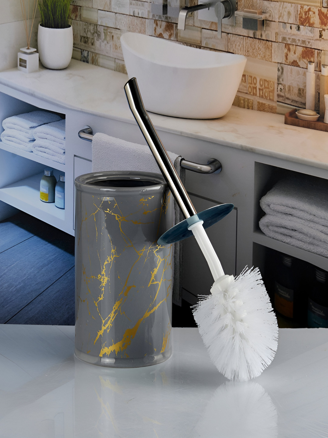 Kookee Grey Printed Ceramic Toilet Brush Holder