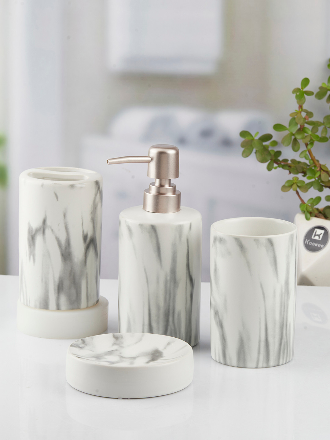 Kookee White & Grey 4 Piece Printed Ceramic Bath Accessories Set