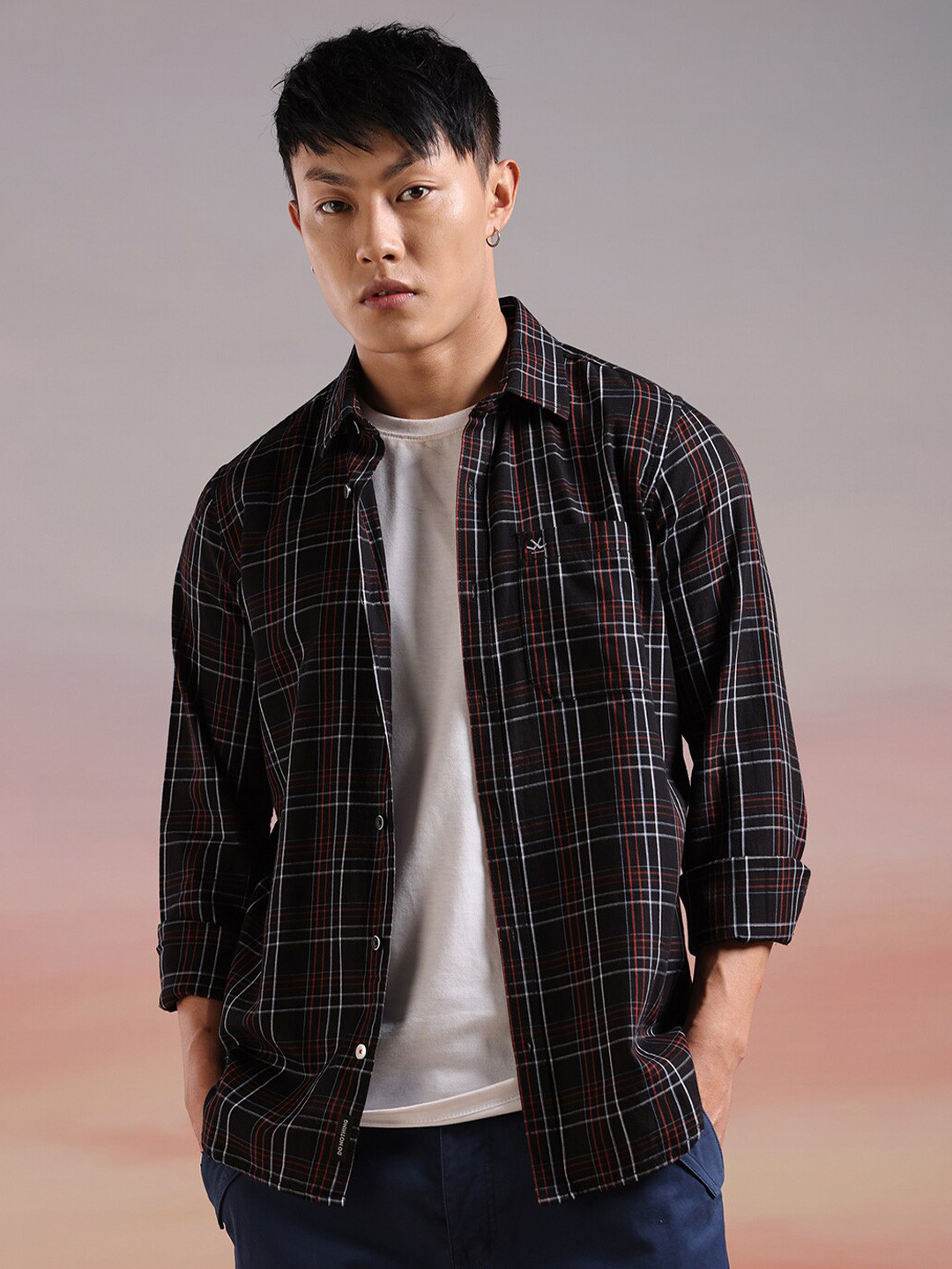 WROGN Tartan Checks Checked Spread Collar Casual Shirt