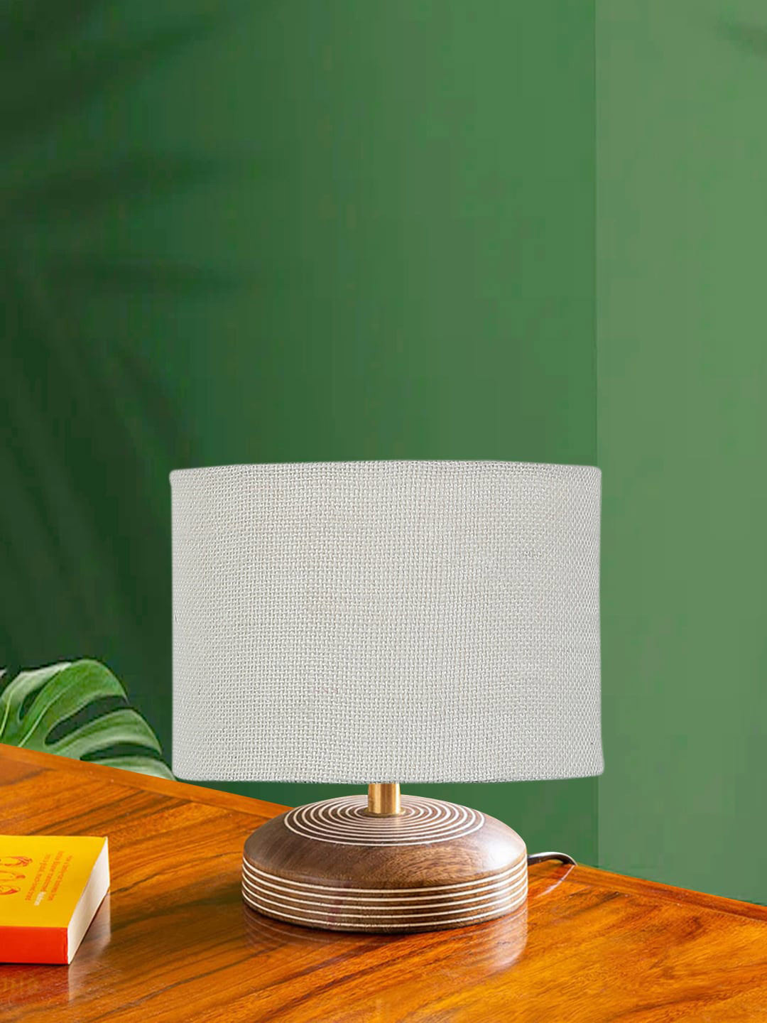Devansh White Cylinder Textured Contemporary Wooden Table Lamp