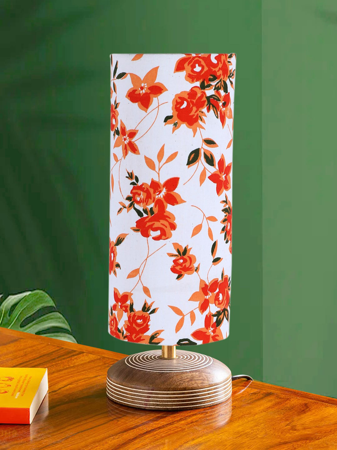 Devansh White & Orange Cylinder Printed Contemporary Wooden Table Lamp