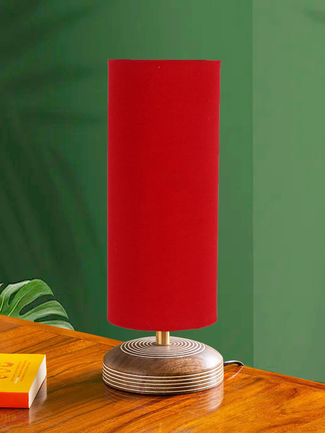 Devansh Red Cylinder Wooden Table Lamp