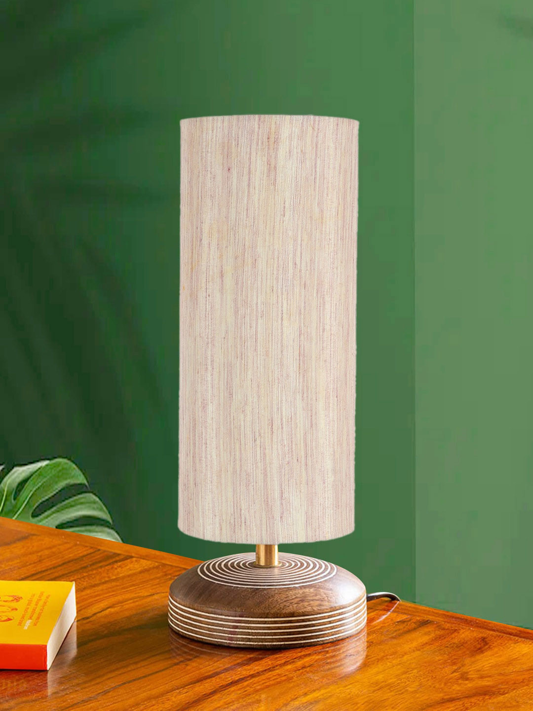 Devansh Off White Cylinder Textured Contemporary Wooden Table Lamp