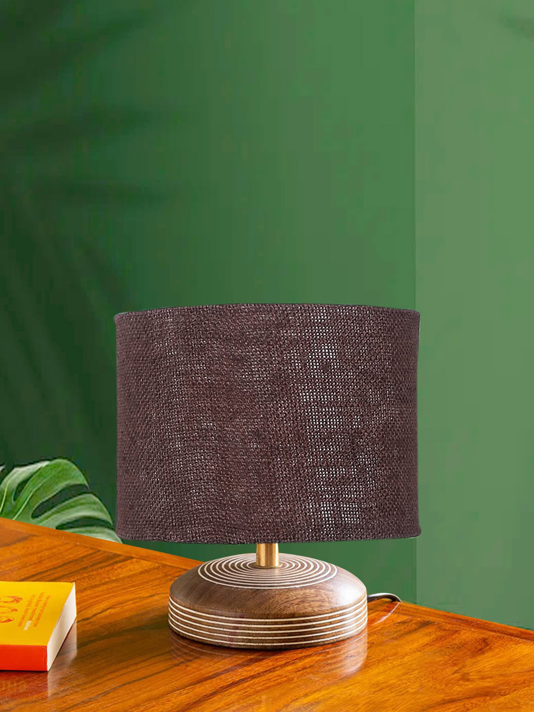 Devansh Brown Cylinder Shaped Traditional Cotton Shade Table Lamp