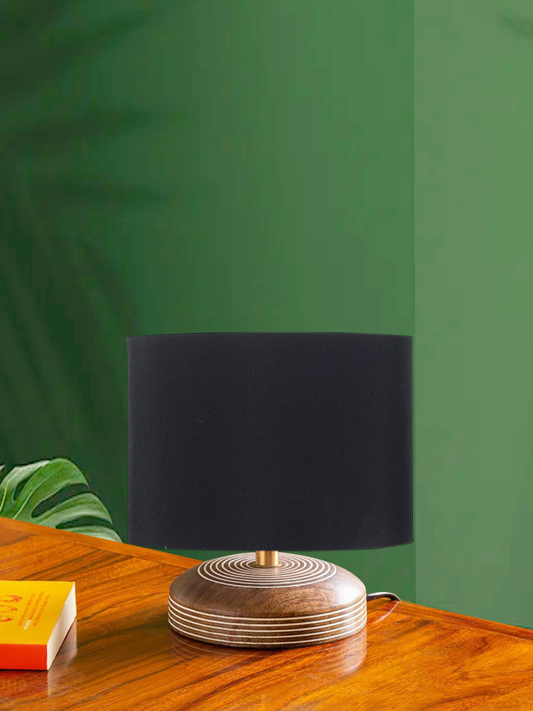 Devansh Black Textured Square Wooden Table Lamp