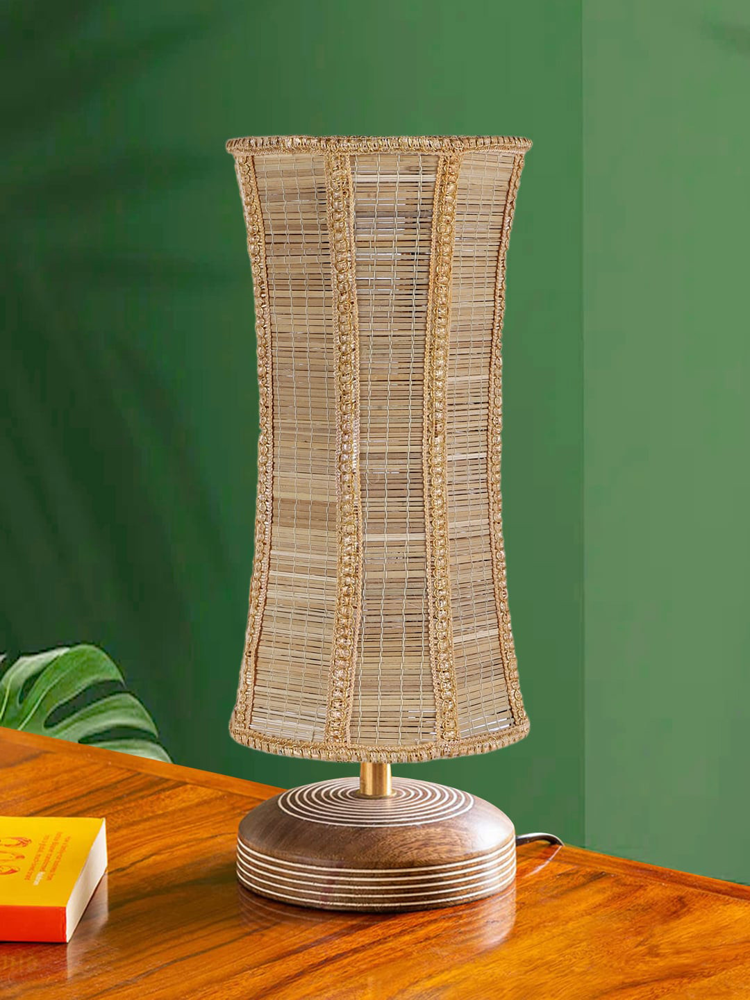 Devansh Beige Textured Wooden Abstract Shaped Contemporary Table Lamp