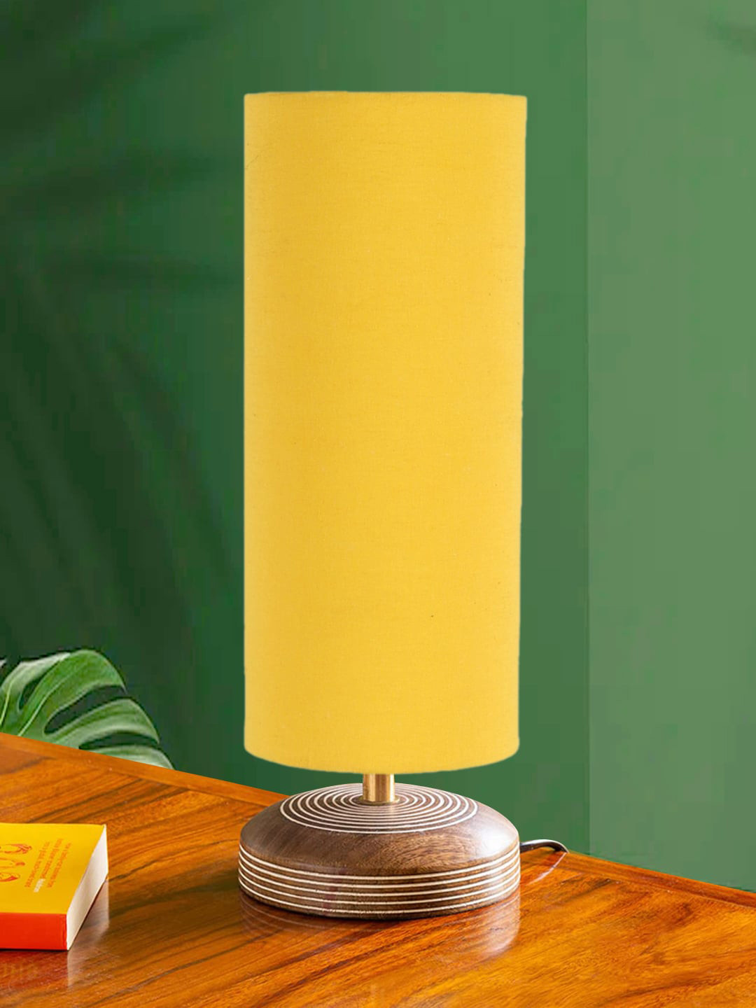 Devansh Yellow Cylinder Wooden Table Lamp