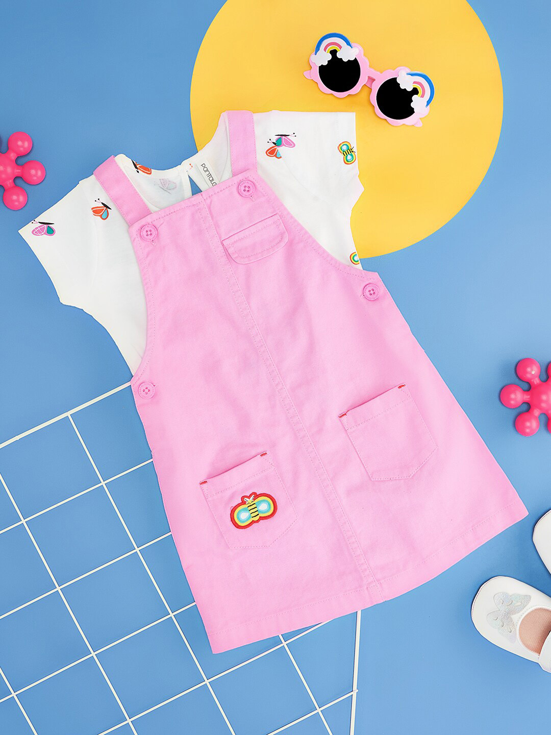 Pantaloons Baby Infant Girls Pure Cotton Dungaree With Printed Top